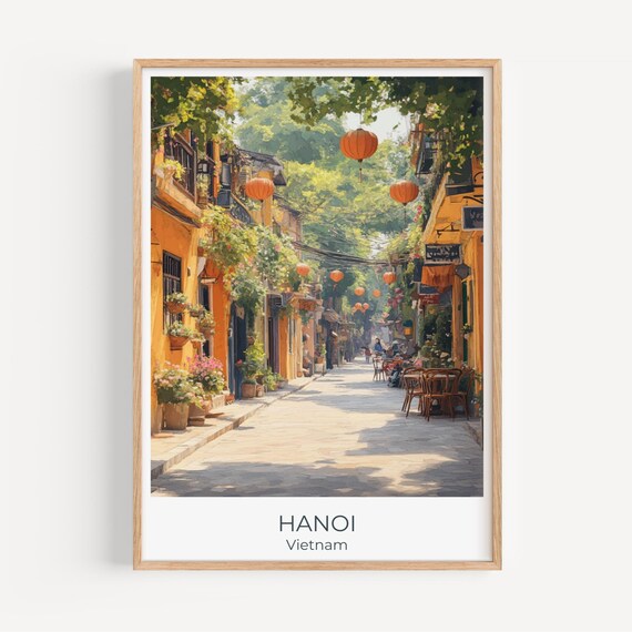 Hanoi Vietnam Old Quarter Poster Lanterns Yellow Street Watercolor