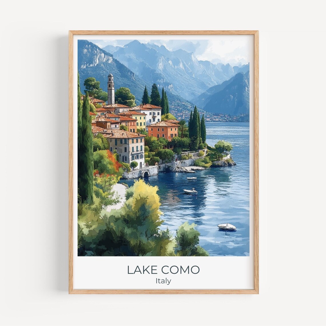 Lake Como Italy Travel Poster Lakeside Village Cypress Mountains Art