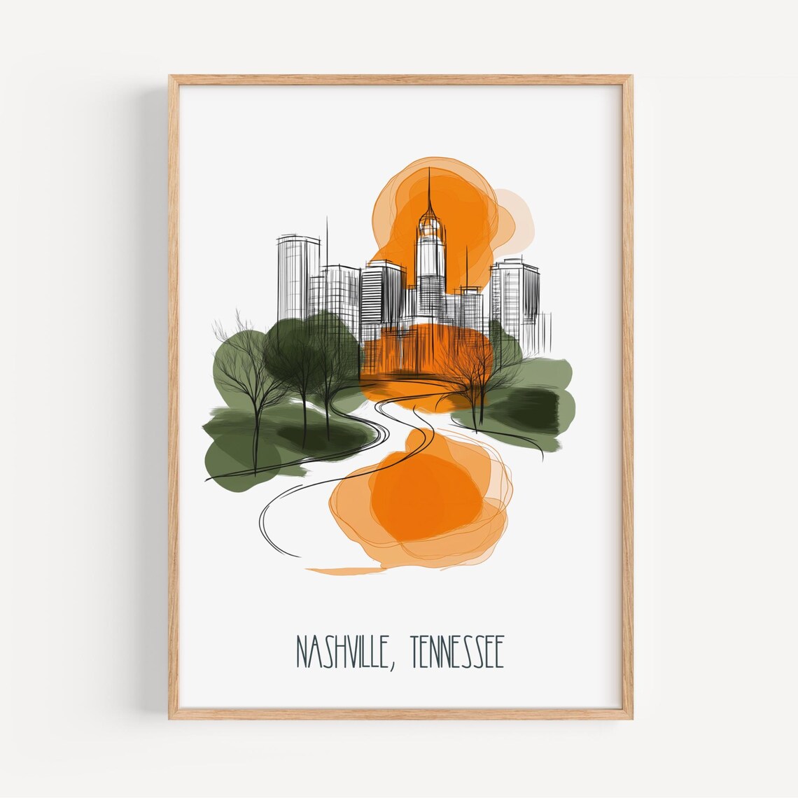 Nashville Tennessee Skyline Poster Watercolor Sketch Music City Art
