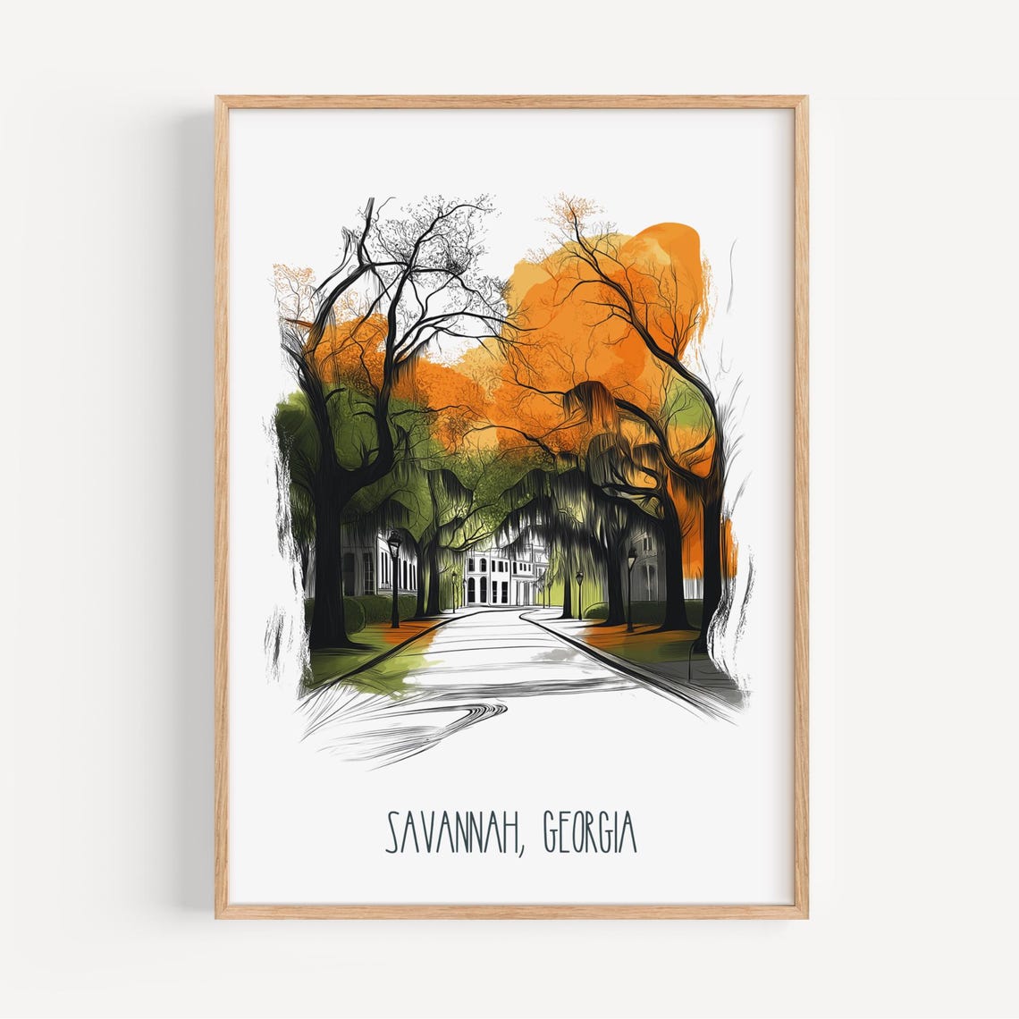 Savannah Georgia Poster Spanish Moss Oak Tree Avenue Street Art