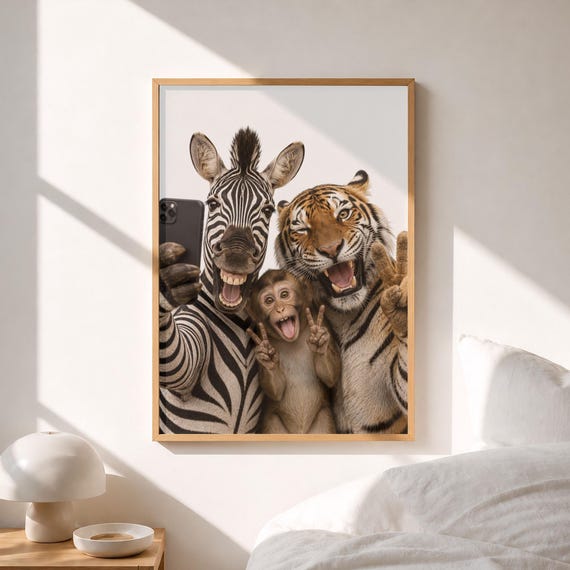 Funny Animal Selfie Print Zebra Tiger Monkey Safari Wall Art Poster