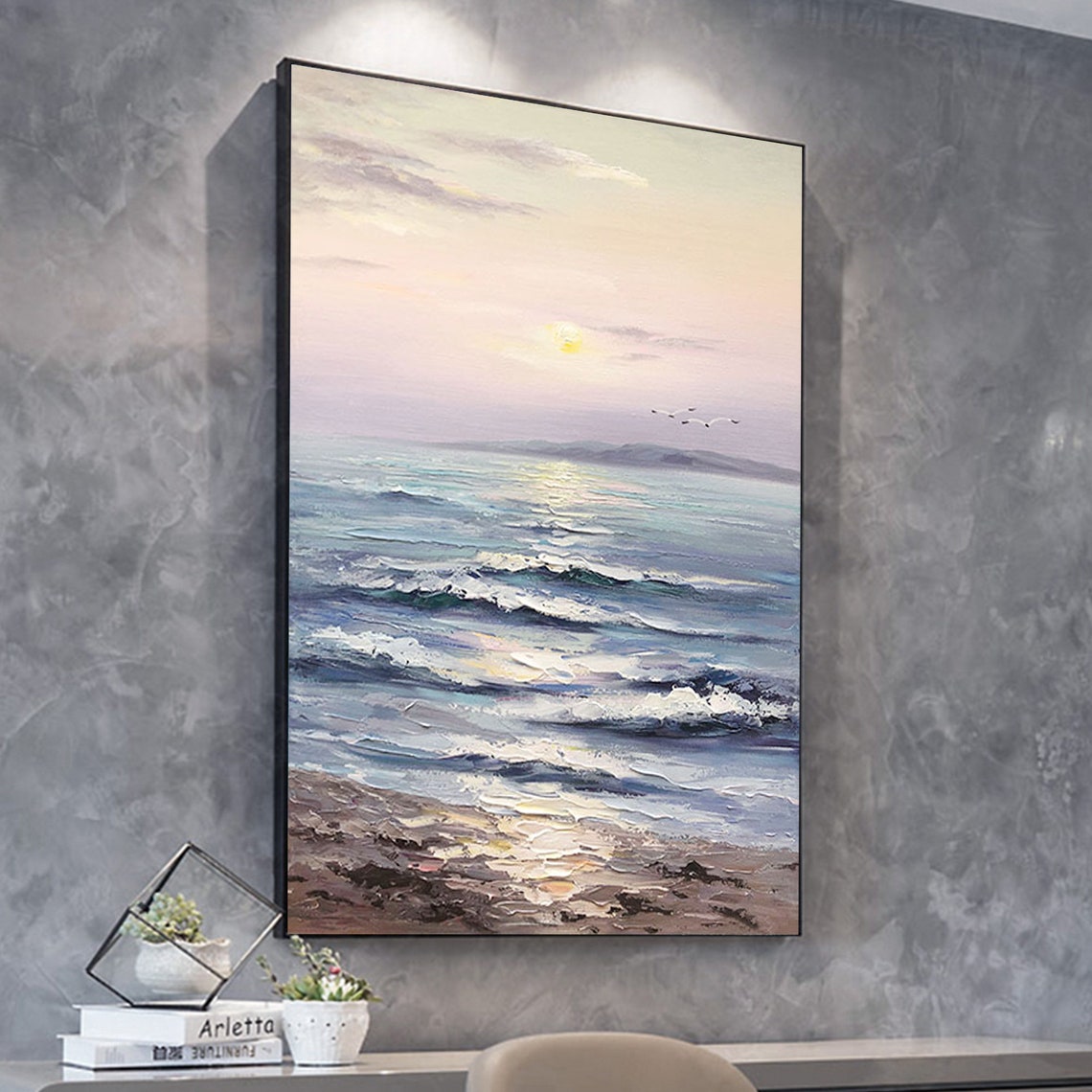 Pastel Ocean Sunset Rolling Waves Vertical Oil Painting Art Print - Image 4