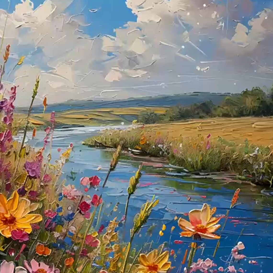 Colorful Wildflower Meadow River Impressionist Oil Painting Poster - Image 4