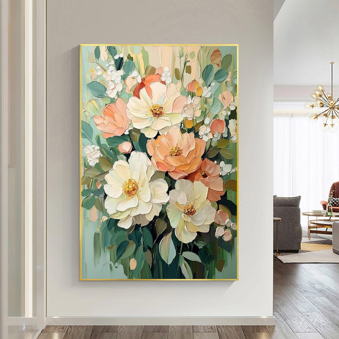 Soft Peach White Peony Blossoms Vertical Oil Painting Art Print - Image 2