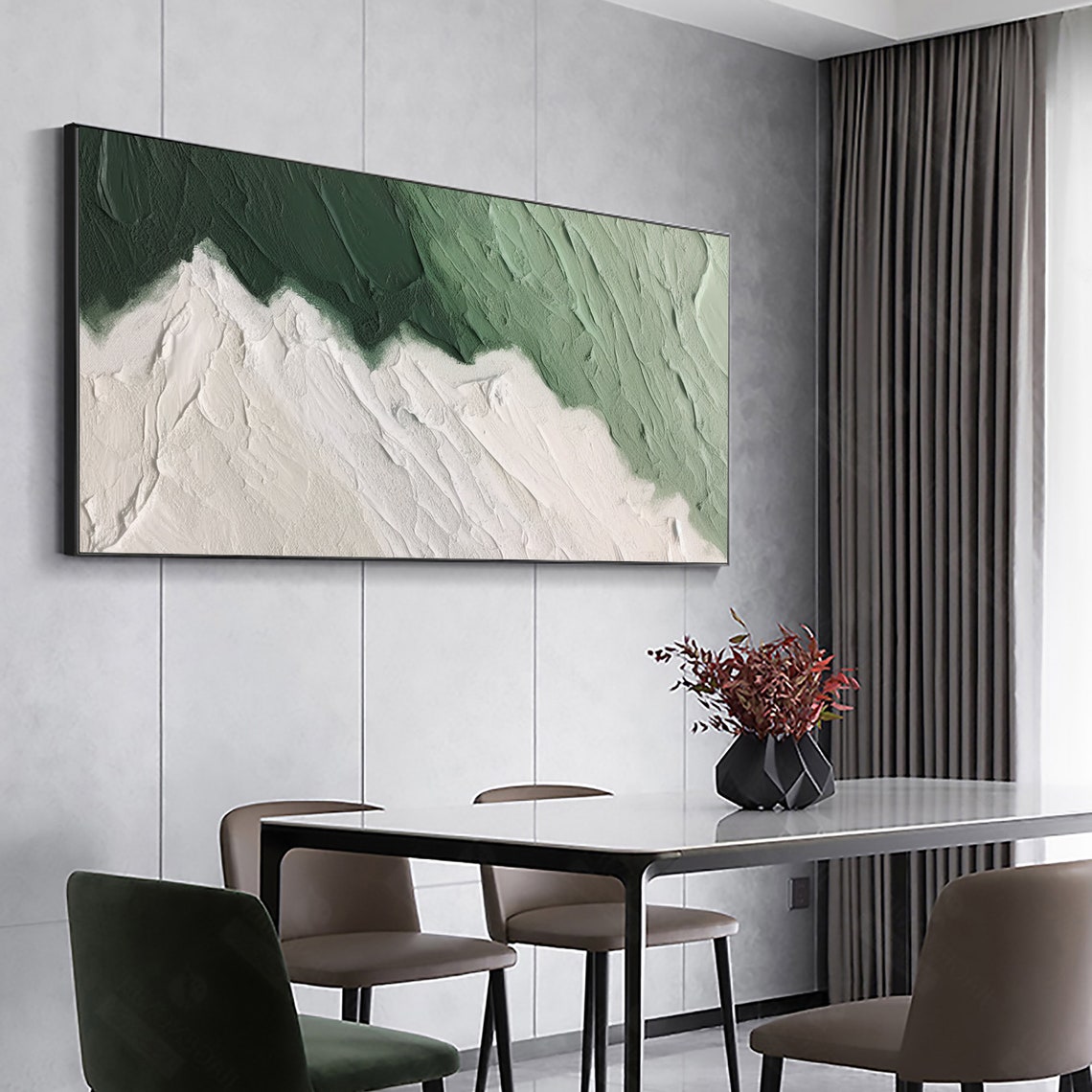 Emerald and White Abstract Wave Texture Minimalist Oil Poster - Image 2