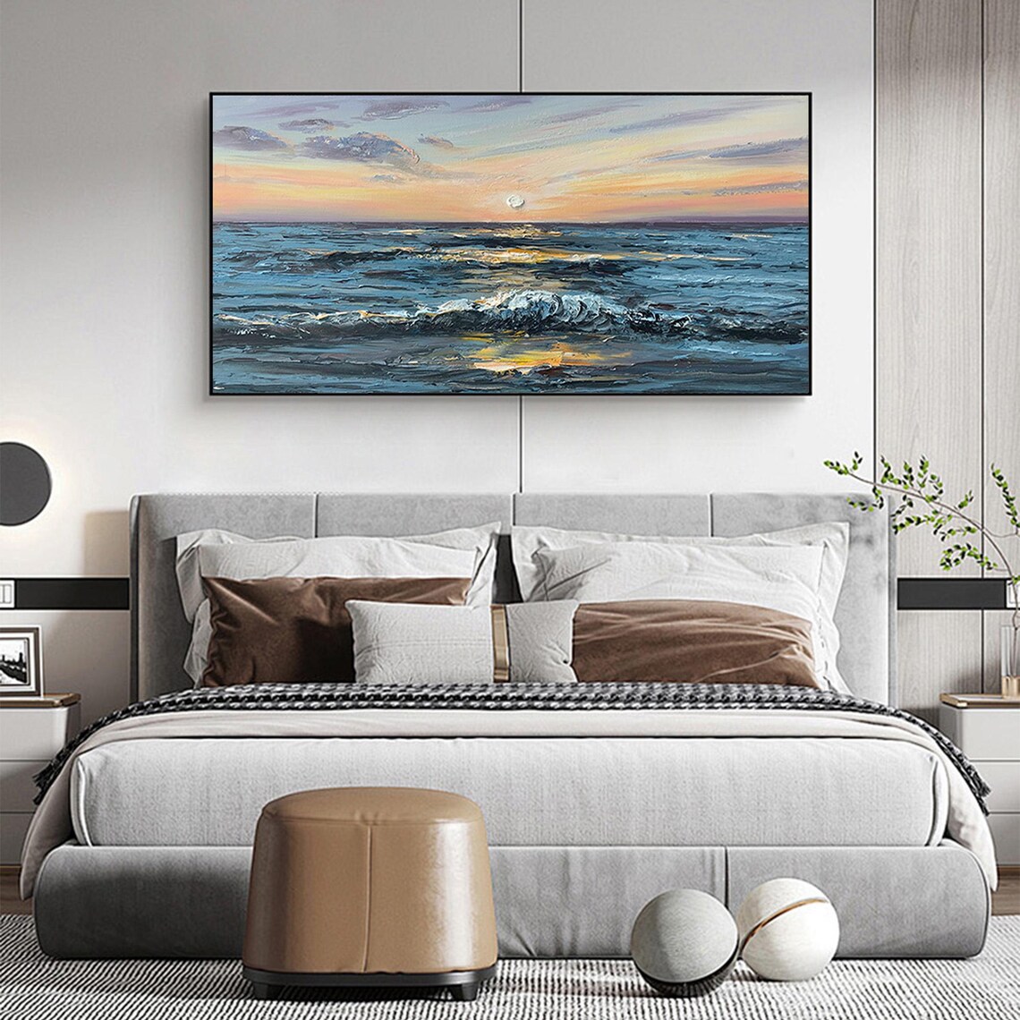 Sunset Ocean Waves Moonrise Textured Seascape Oil Painting Poster - Image 2