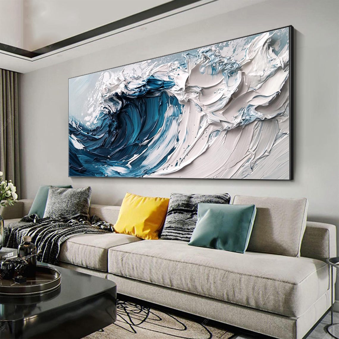 Crashing Blue Ocean Wave Impasto Panoramic Oil Painting Art Print - Image 3