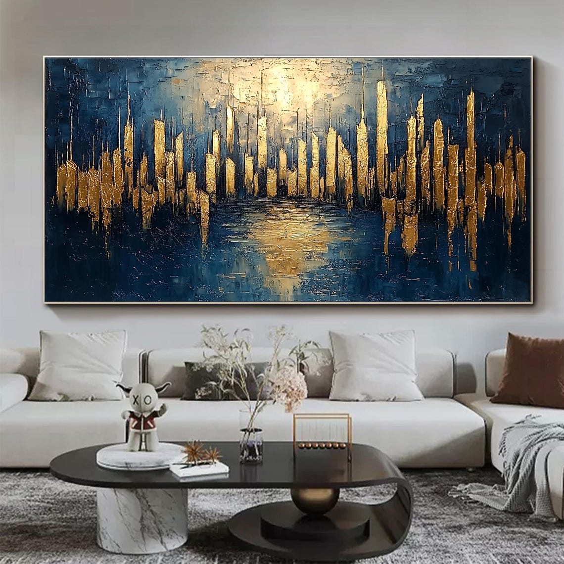 Large Abstract Golden City Building Painting On Original City Skyline Painting Modern Urban Landscape Wall Art Living Room Decor