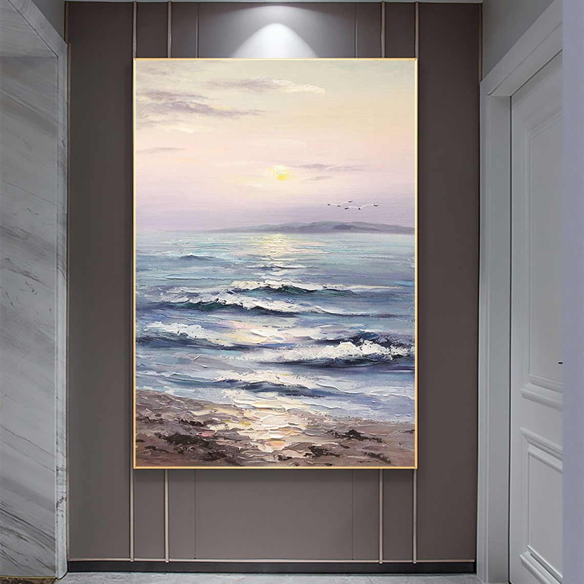 Pastel Ocean Sunset Rolling Waves Vertical Oil Painting Art Print - Image 5