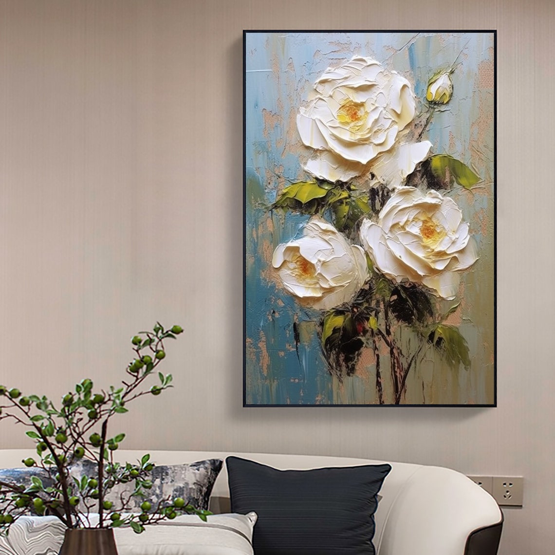 White Impasto Roses Blooming on Textured Blue Background Poster - Image 6