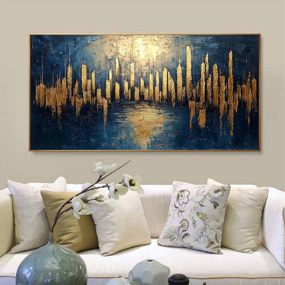 Large Abstract Golden City Building Painting On Original City Skyline Painting Modern Urban Landscape Wall Art Living Room Decor - Image 2