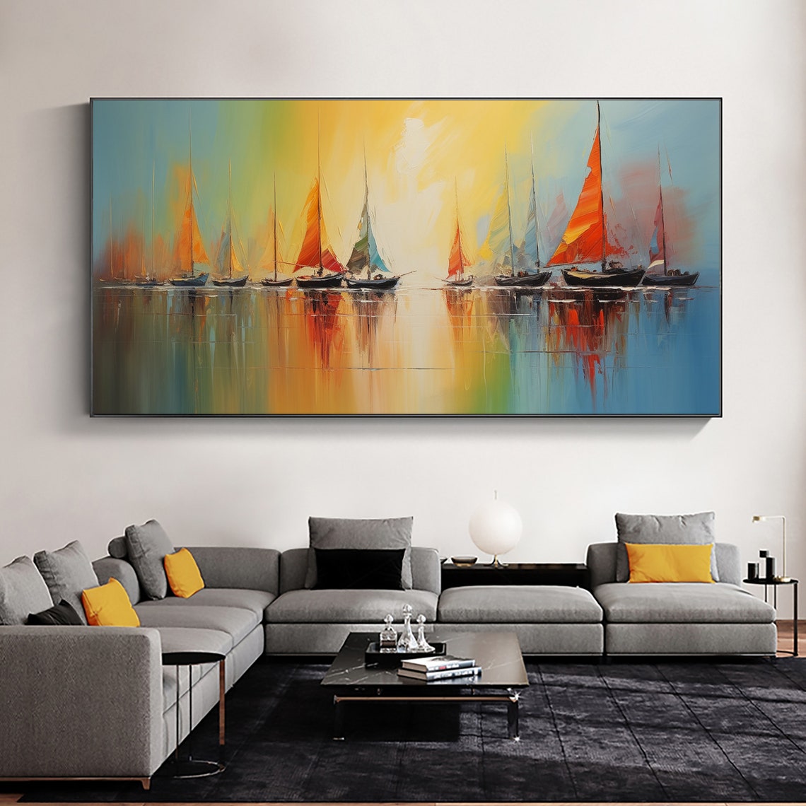 Sailboats at Sunrise Orange Sails Misty Harbor Morning Poster - Image 5