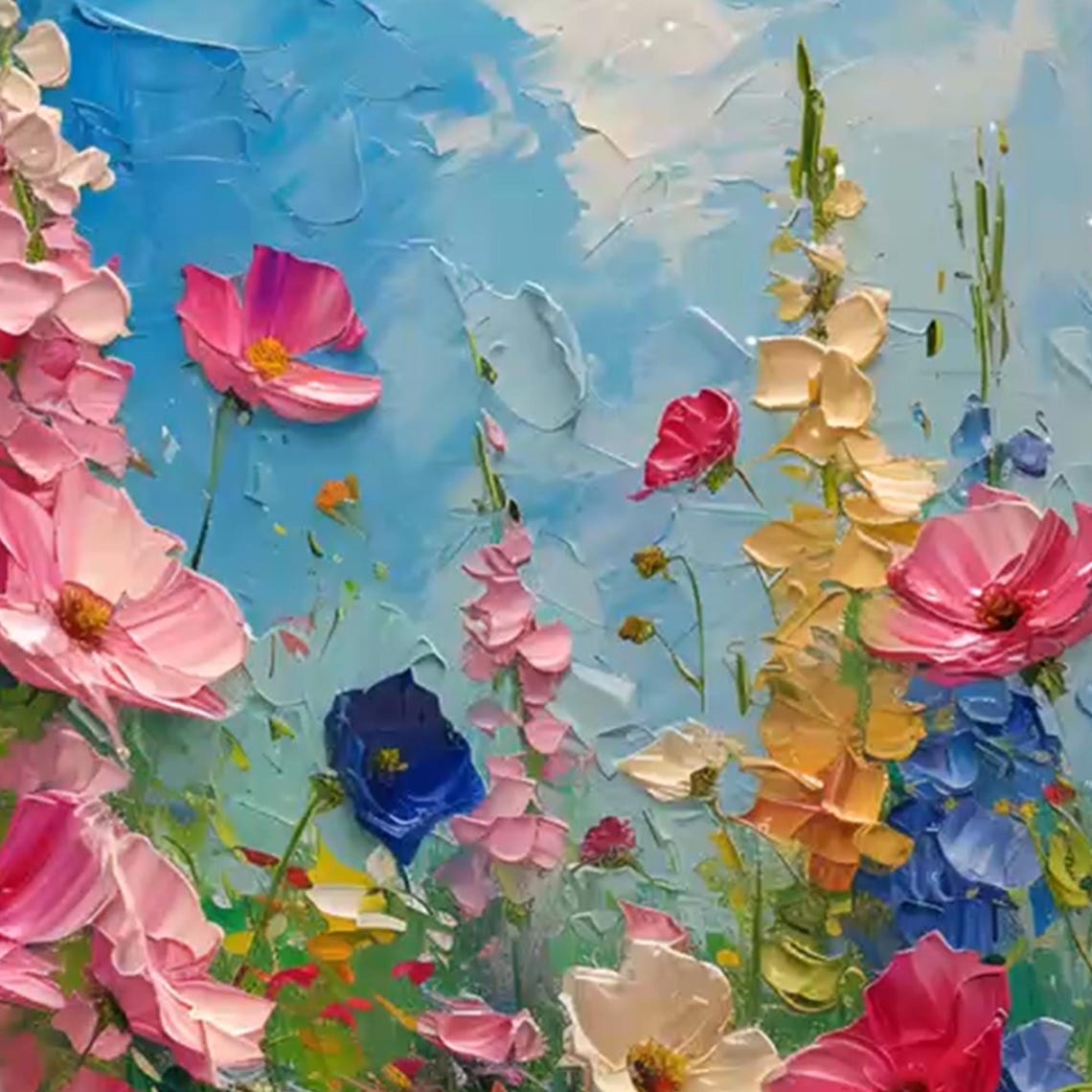 Tall Wildflower Meadow Impasto Vertical Oil Painting Art Print - Image 4