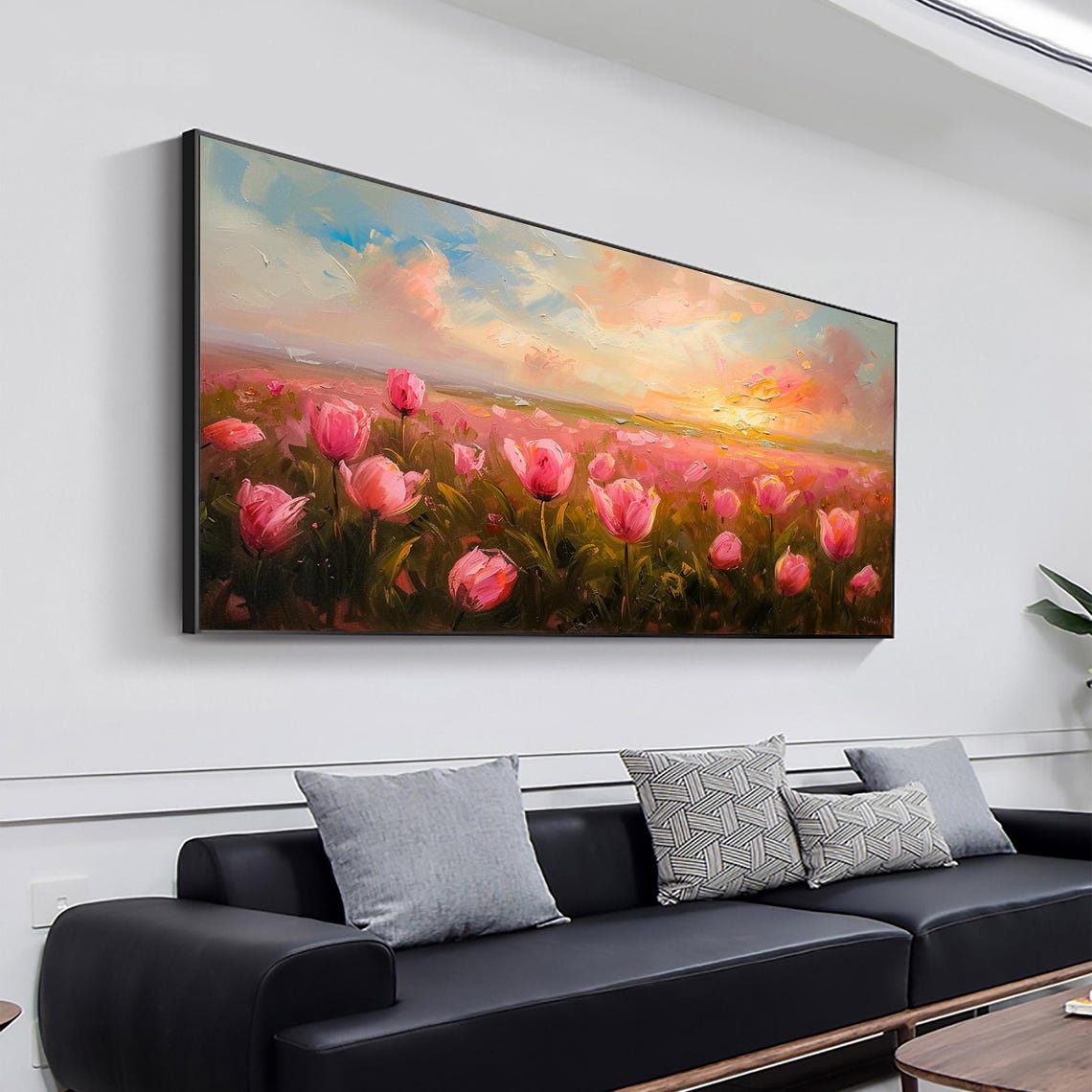 Pink Tulip Field at Golden Sunset Panoramic Oil Painting Art Print - Image 2