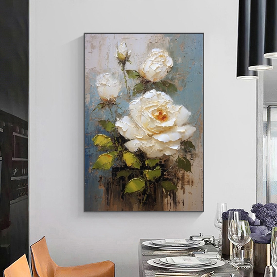 Elegant White Rose Stems Rising Over Soft Blue Grey Canvas Poster - Image 2