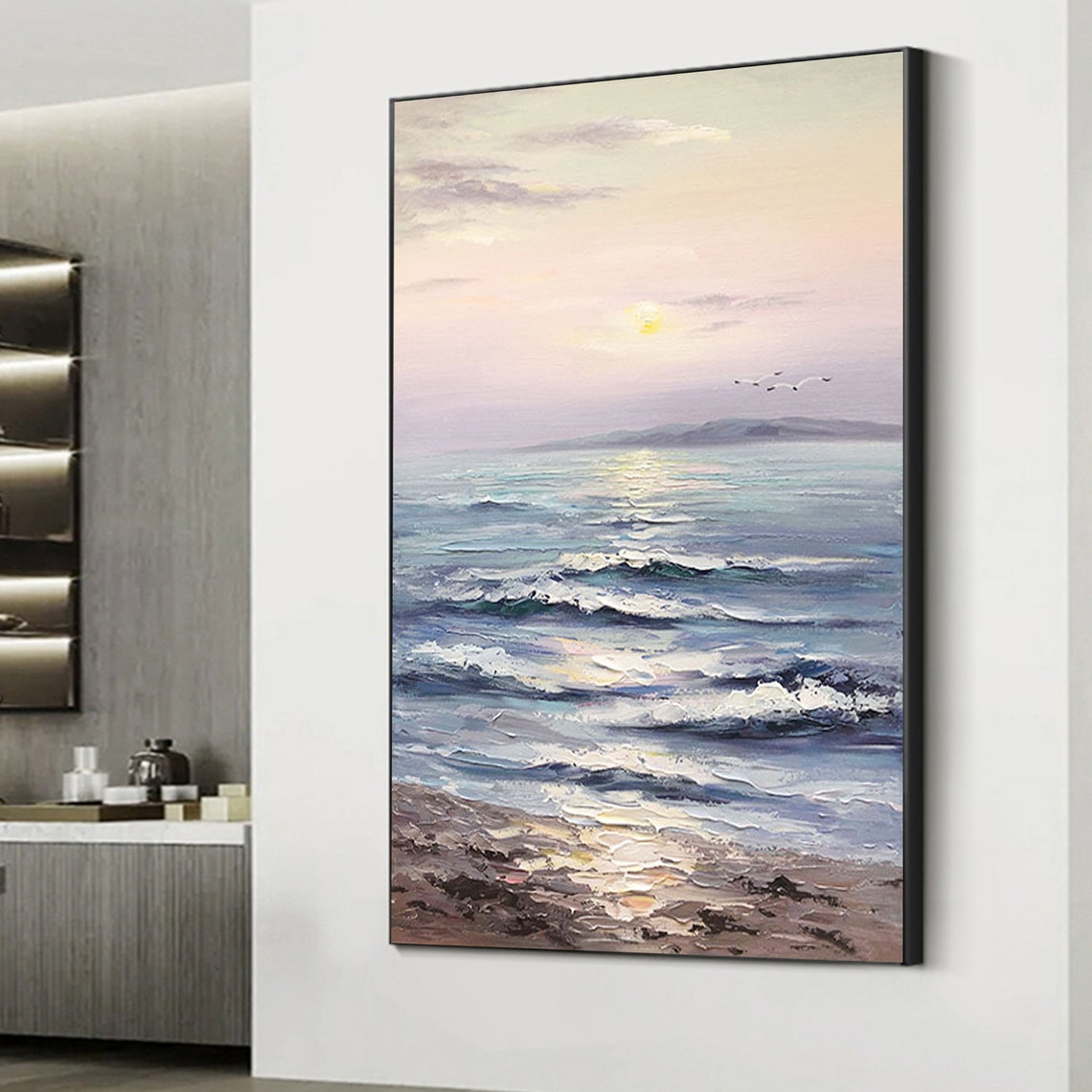 Pastel Ocean Sunset Rolling Waves Vertical Oil Painting Art Print - Image 3