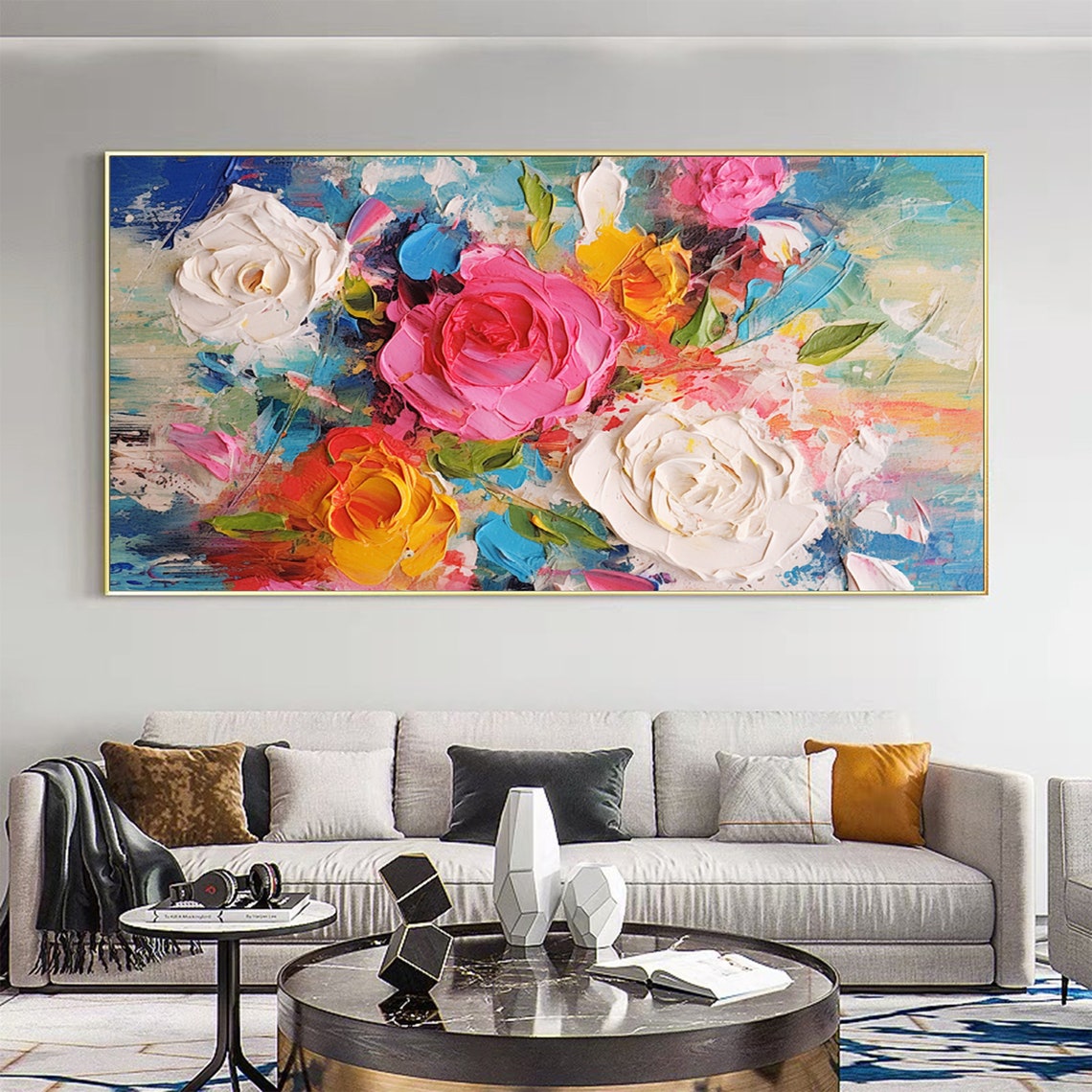 Colorful Roses Impasto on Blue Panoramic Oil Painting Art Print - Image 6