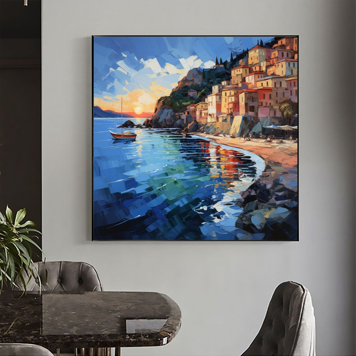 Mediterranean Sunset Cliffside Village Boat Reflections Poster - Image 5
