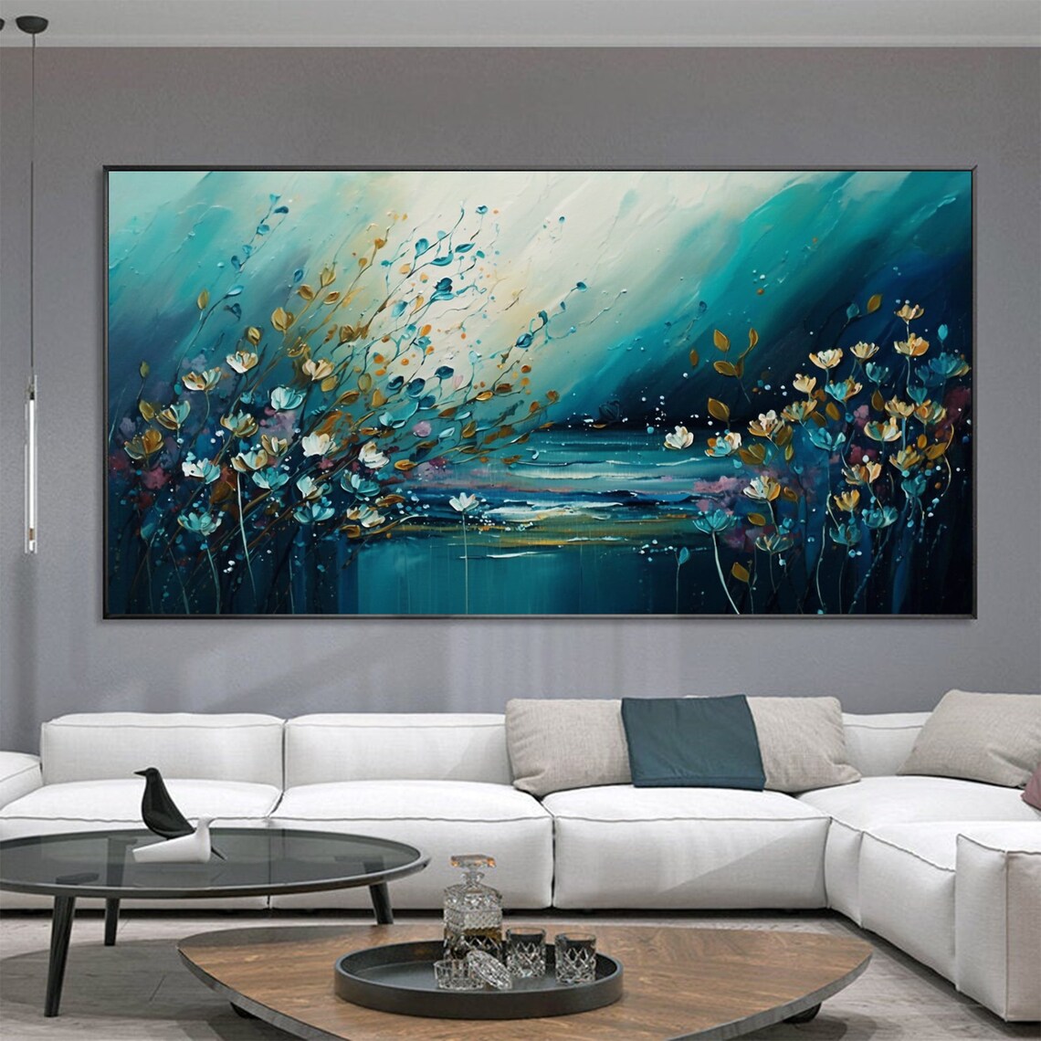 Teal Floral Seascape Gold Accent Abstract Flower Oil Painting Poster - Image 5