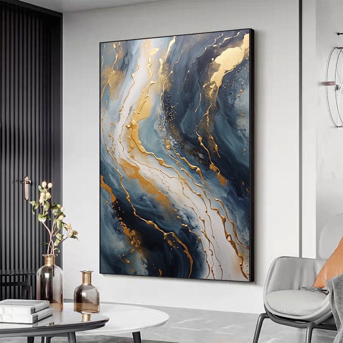 Navy Blue Marble Gold Veins Luxurious Abstract Modern Poster - Image 4