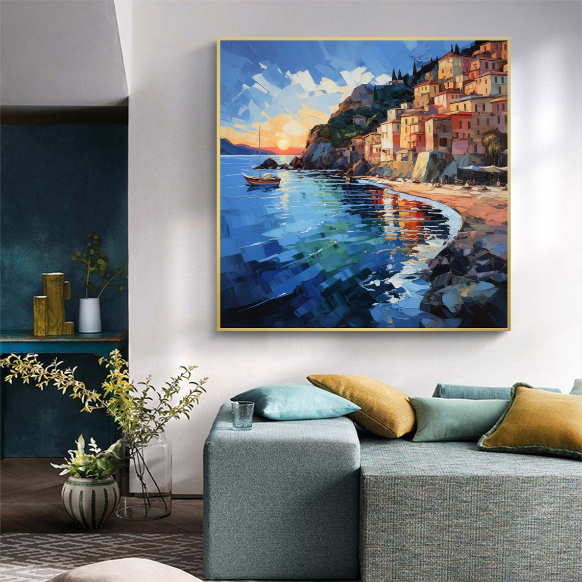 Mediterranean Sunset Cliffside Village Boat Reflections Poster - Image 6