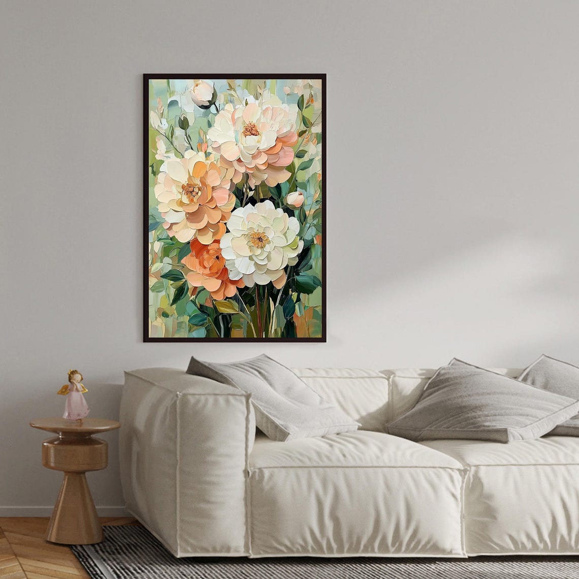 Peach White Peony Stems Garden Vertical Oil Painting Art Print - Image 2