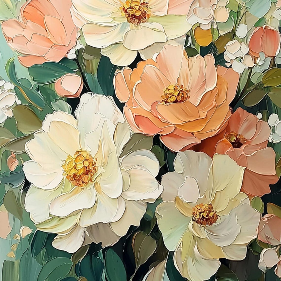 Soft Peach White Peony Blossoms Vertical Oil Painting Art Print - Image 4