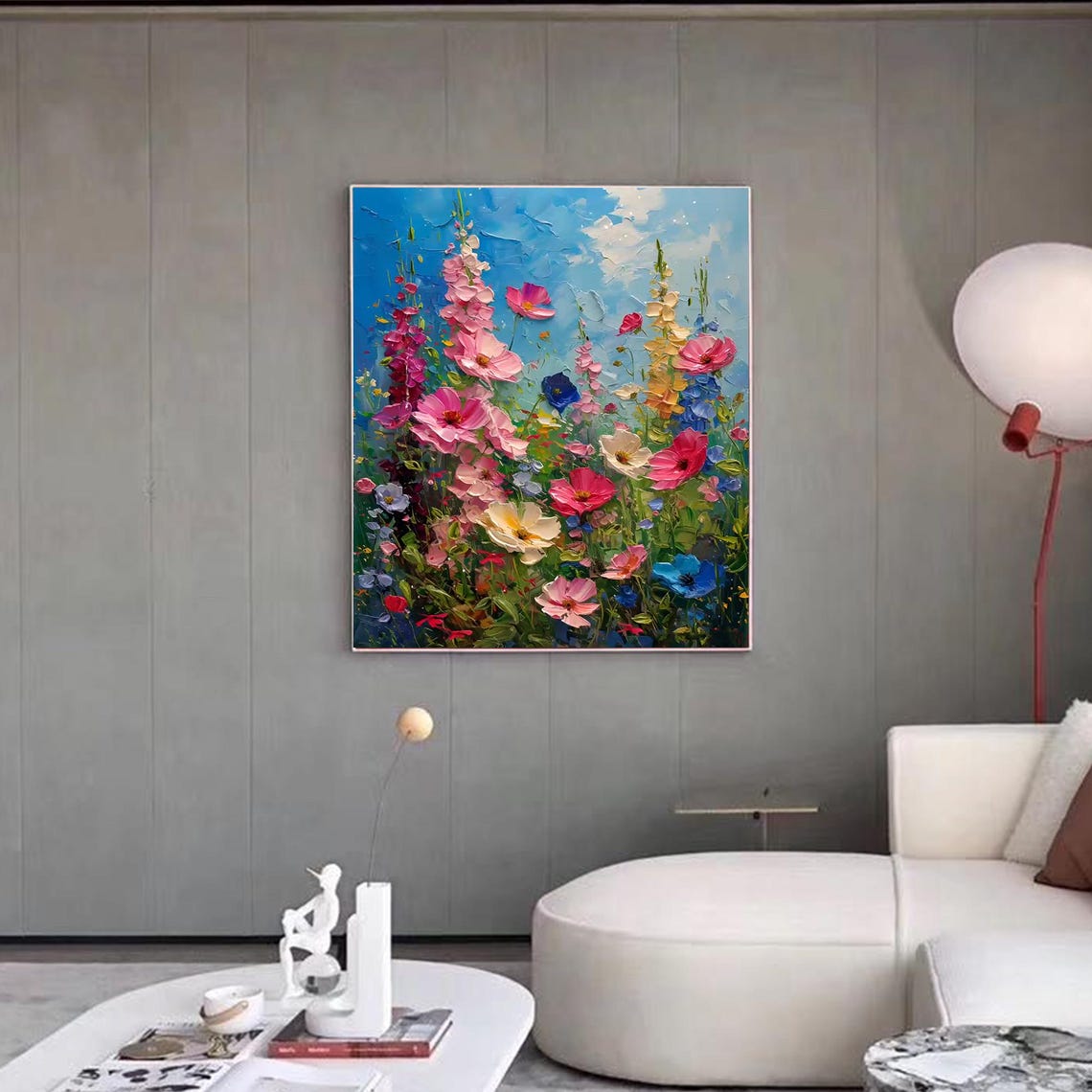 Tall Wildflower Meadow Impasto Vertical Oil Painting Art Print - Image 2