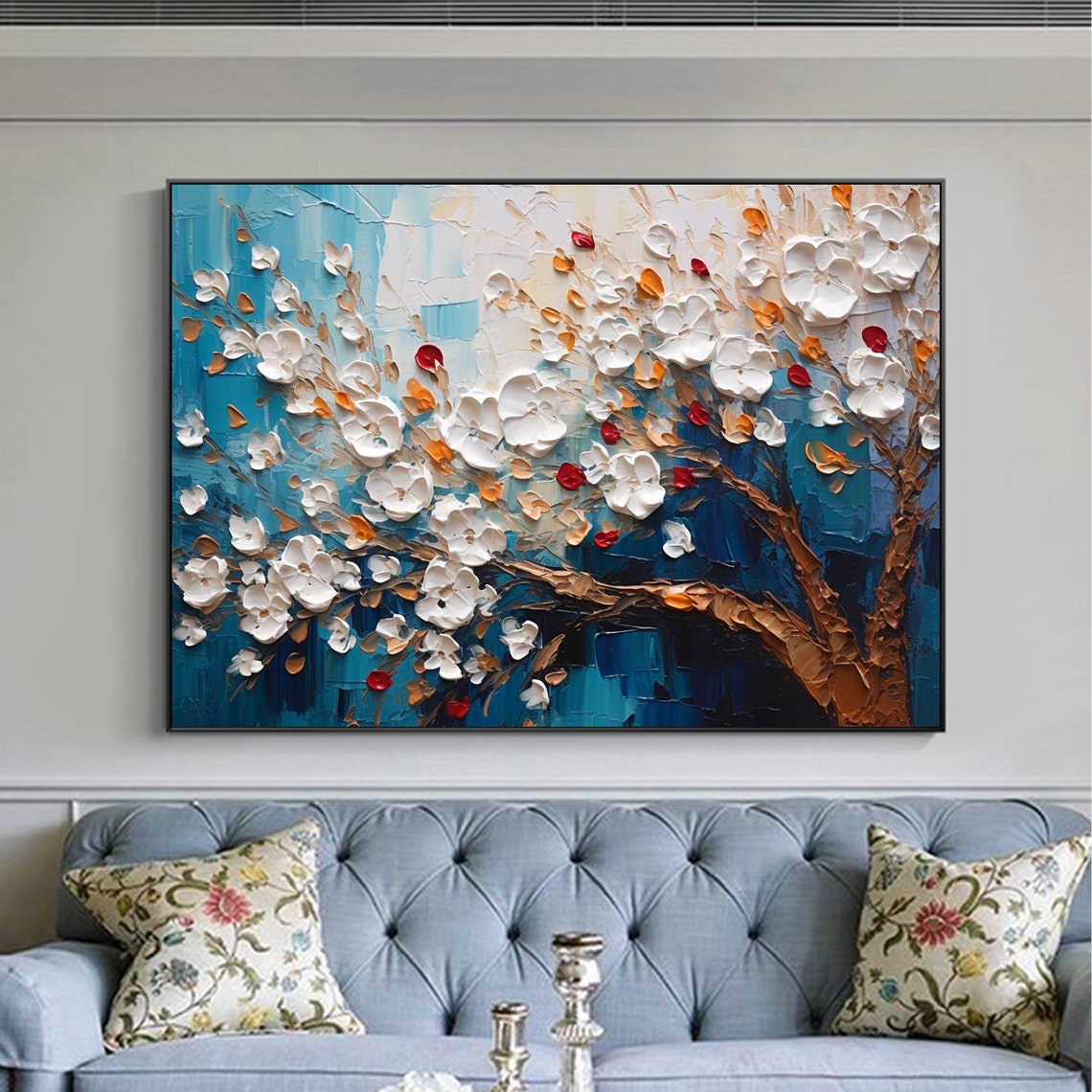 White Blossom Tree Impasto on Deep Blue Night Oil Painting Art Print - Image 6