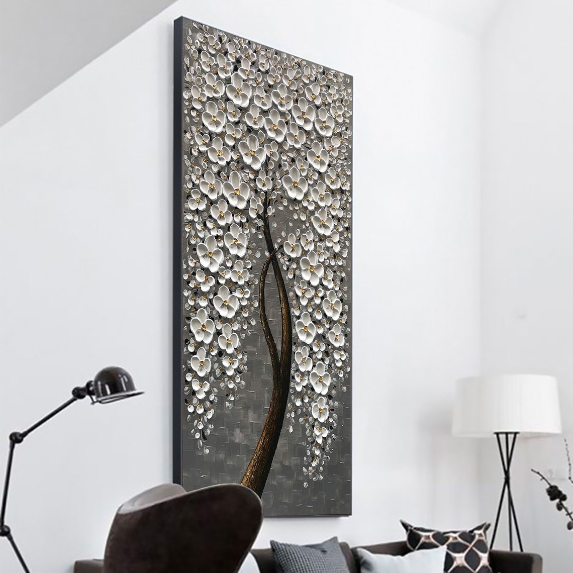 White Cherry Blossom Tree on Gray Vertical Oil Painting Art Print - Image 4