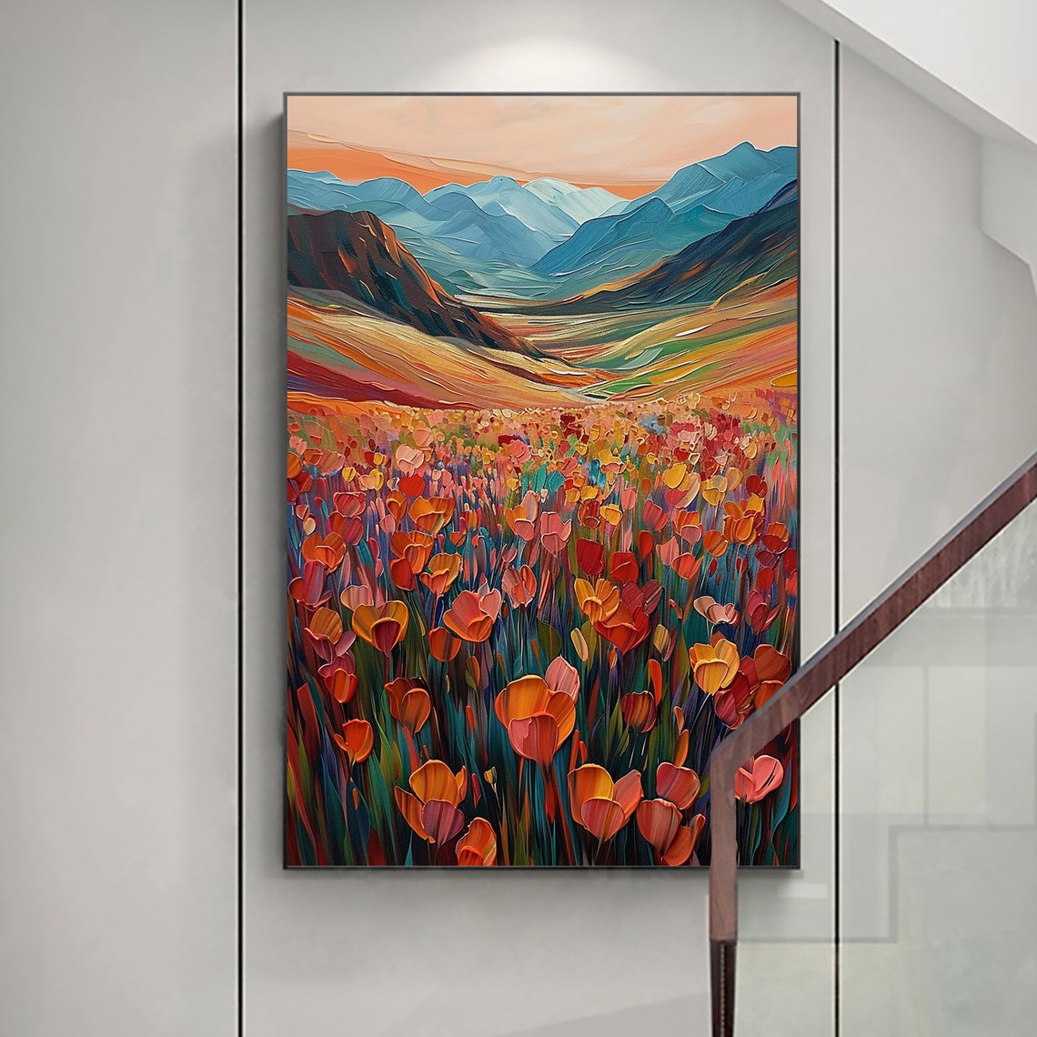 Sunset Glowing Over Red Tulip Fields Before Blue Peaks Poster - Image 4
