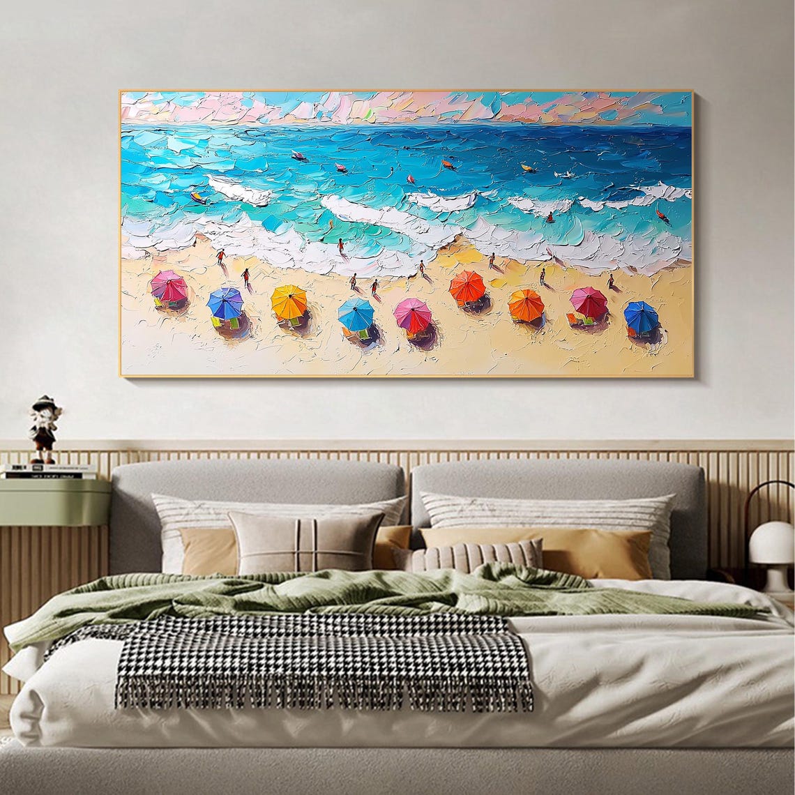 Aerial Beach Umbrellas Turquoise Sea Panoramic Oil Painting Art Print - Image 3
