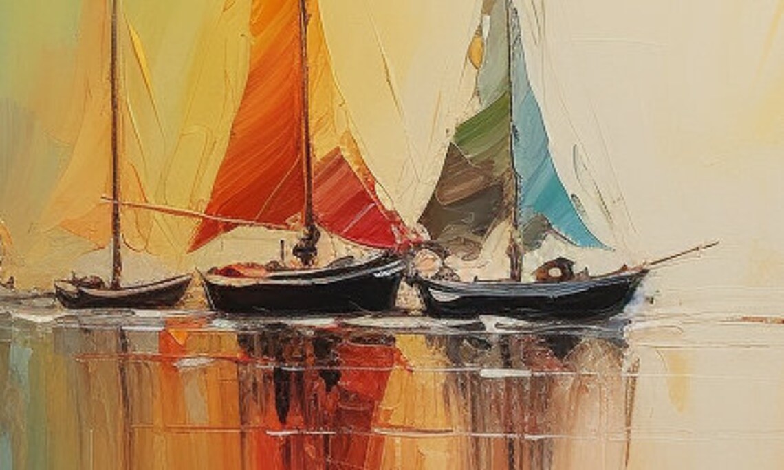 Sailboats at Sunrise Orange Sails Misty Harbor Morning Poster - Image 2