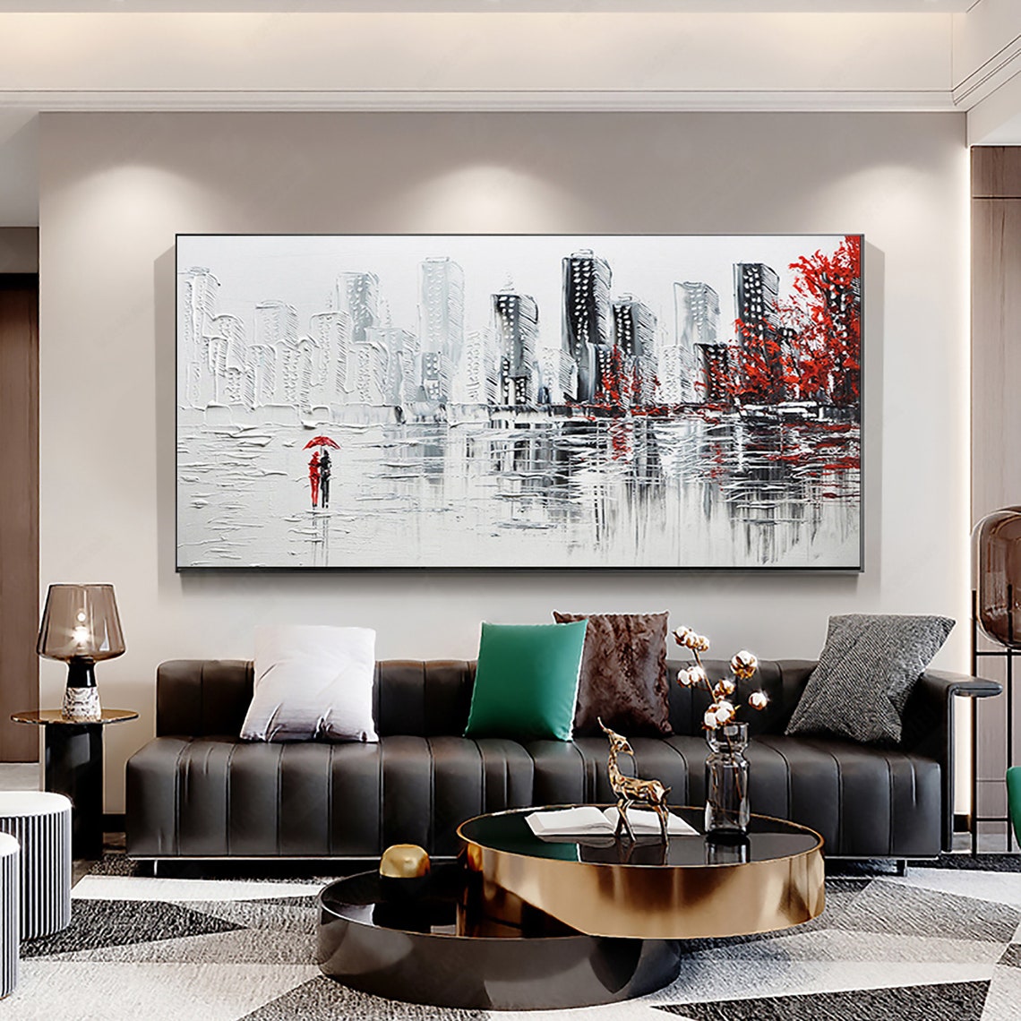 Couple Under Red Umbrella in White Cityscape With Red Trees Poster - Image 5
