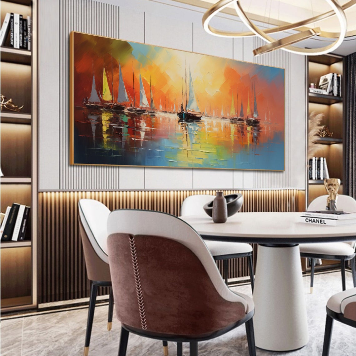 Sailboats at Sunset Calm Harbor Reflections Orange Sky Poster - Image 4