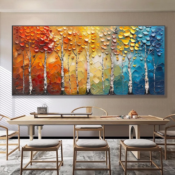 Abstract Colorful Forest Oil Painting On Large Textured Wall Art Original Tree Landscape Painting Modern Living Room Wall Decor