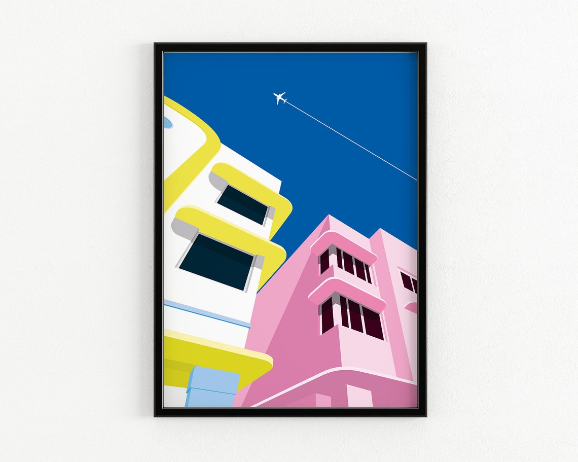 Miami South Beach Pastel Art Deco Buildings Blue Sky Plane Poster