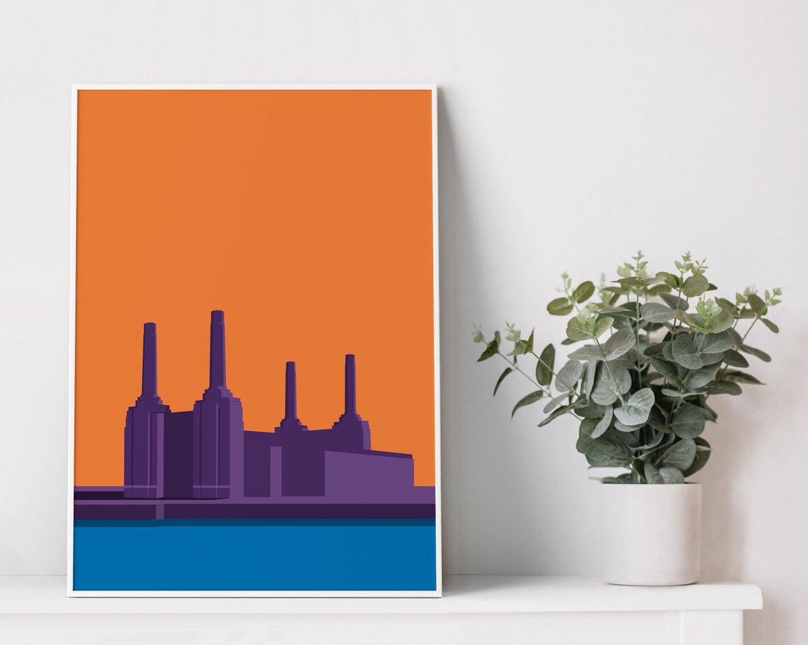 Battersea Power Station London Four Chimneys Sunset River Poster - Image 2
