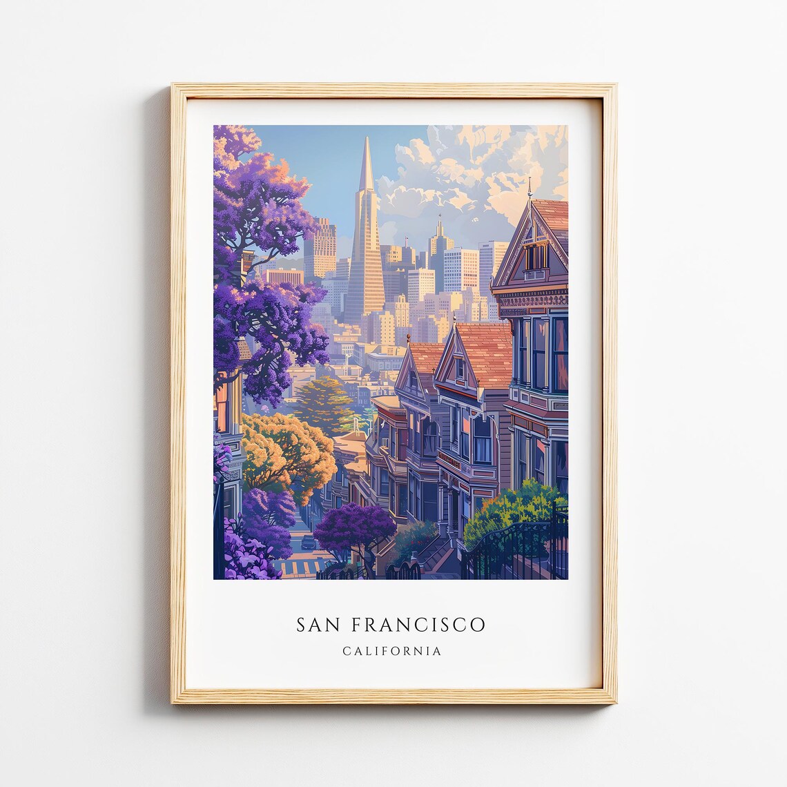 San Francisco California Travel Poster City Skyline Victorian Street Scene
