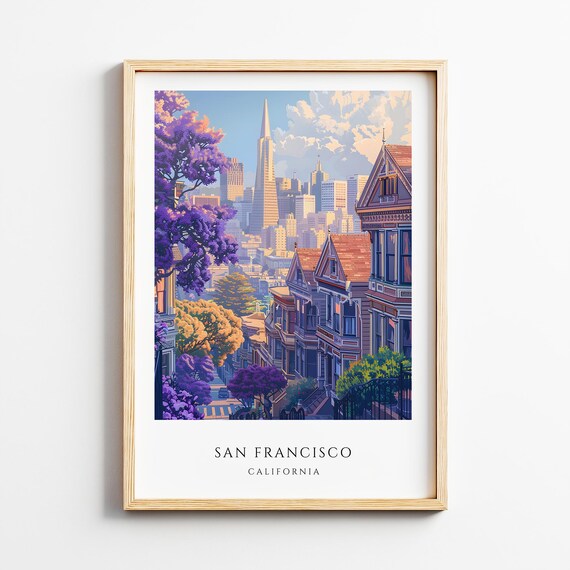 San Francisco California Travel Poster City Skyline Victorian Street Scene
