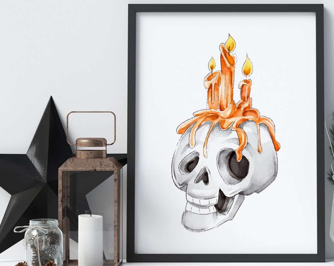 Halloween Skull Wall Art Print Watercolor Spooky