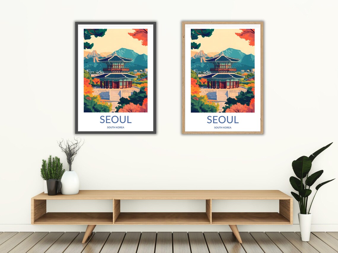 Seoul South Korea Palace Pavilion Mountain View Autumn Travel Poster - Image 2