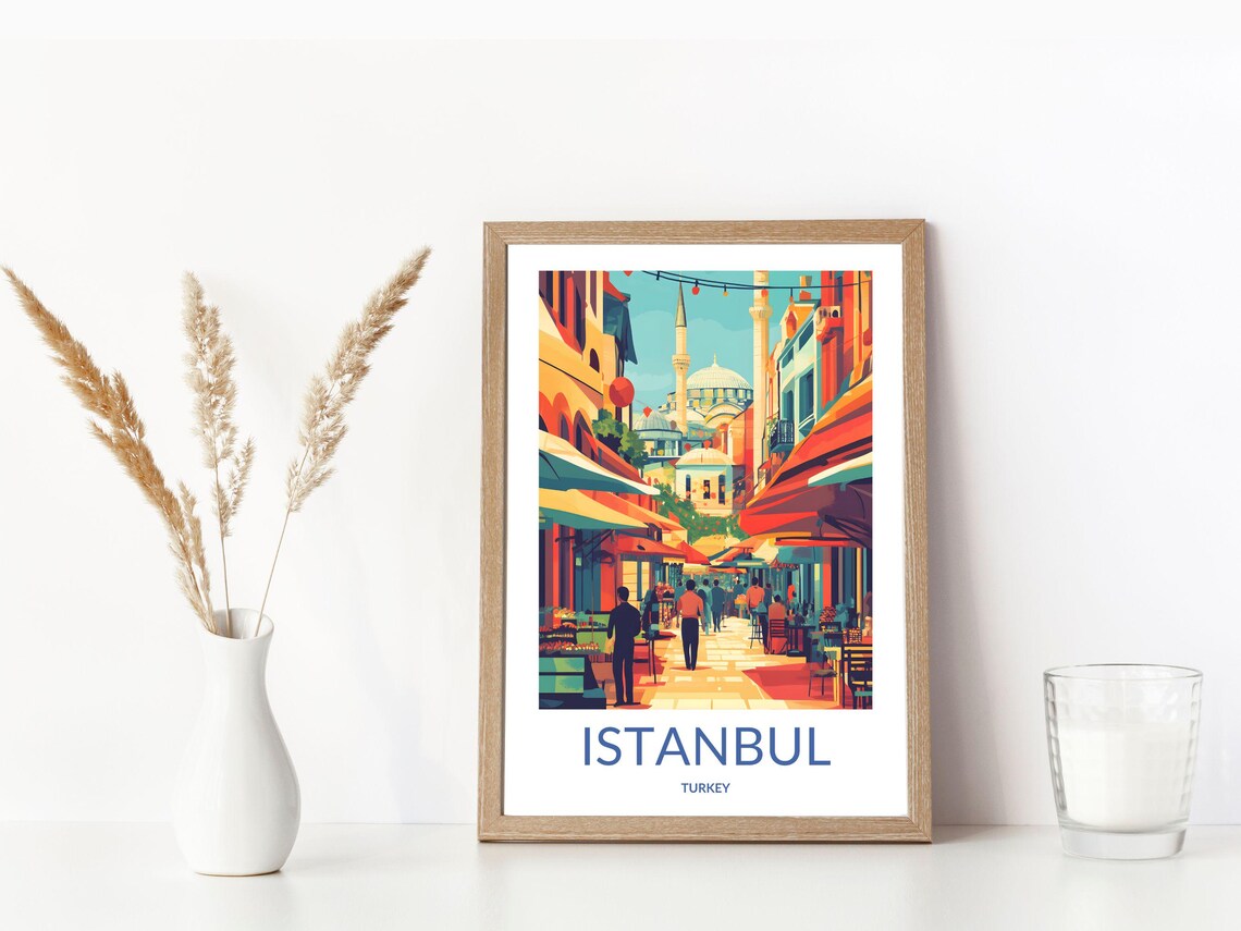 Istanbul Turkey Vibrant Bazaar Street Scene Mosque Travel Poster - Image 3