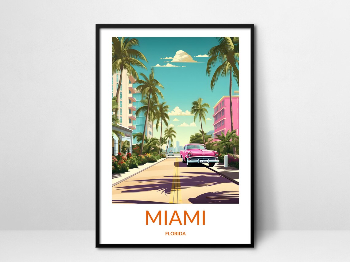 Miami Florida Pink Classic Car Retro Street Travel Scene Poster