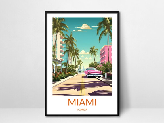 Miami Florida Pink Classic Car Retro Street Travel Scene Poster