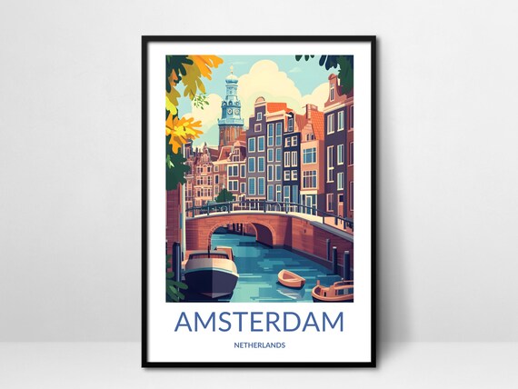 Amsterdam Brick Bridge Canal Boats Church Tower Holland Art Poster