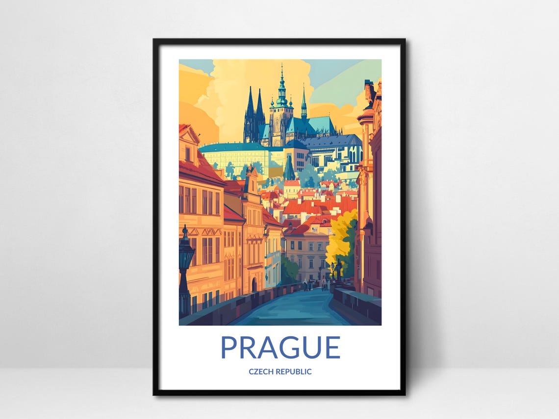 Prague Czech Republic Castle and Cathedral Vintage Travel Poster