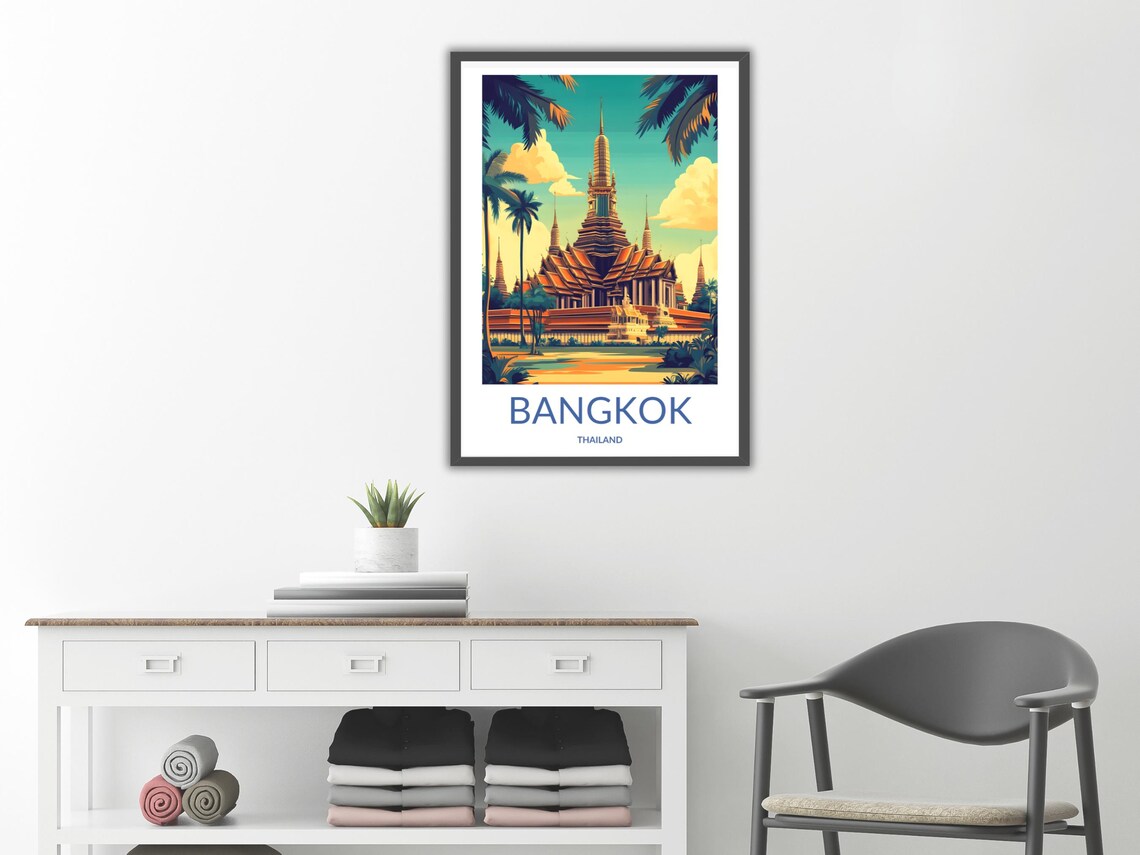 Bangkok Thailand Grand Temple Golden Spire Palm Trees Travel Poster - Image 2