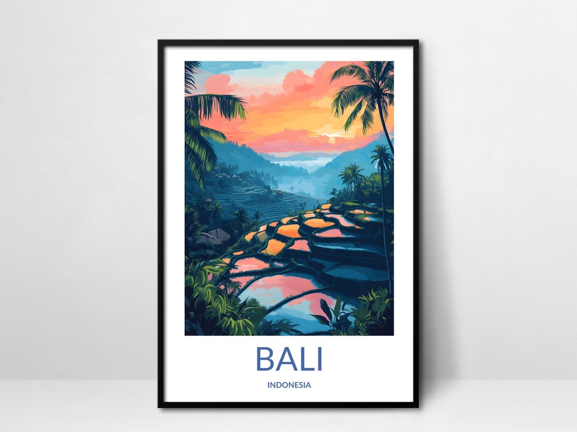 Bali Indonesia Tropical Rice Terrace Sunset Palm Trees Travel Poster