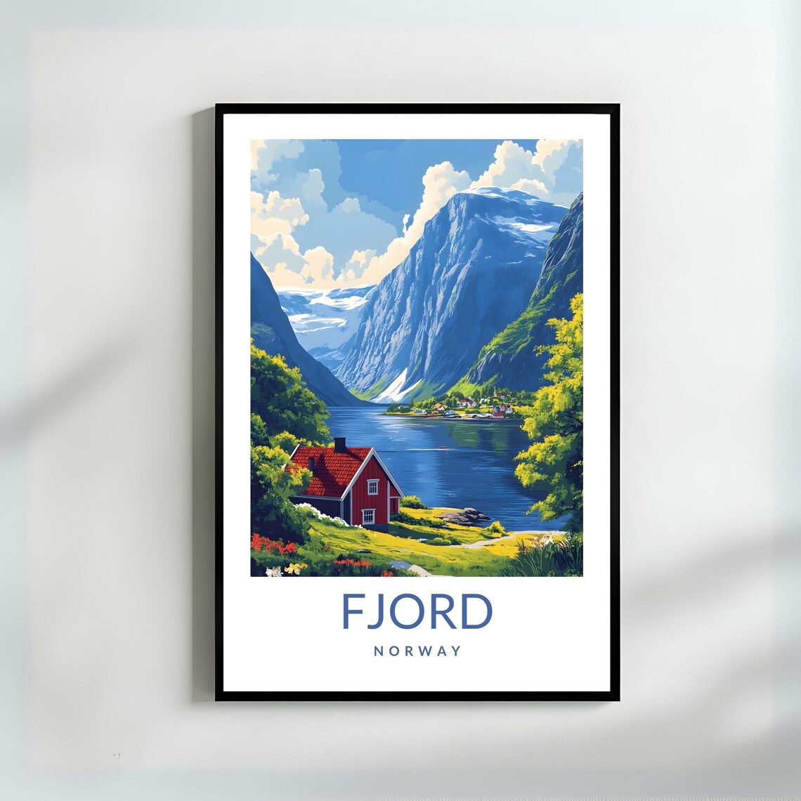 Fjord Norway Red Cabin Mountain Lake Scenic Nordic Travel Poster